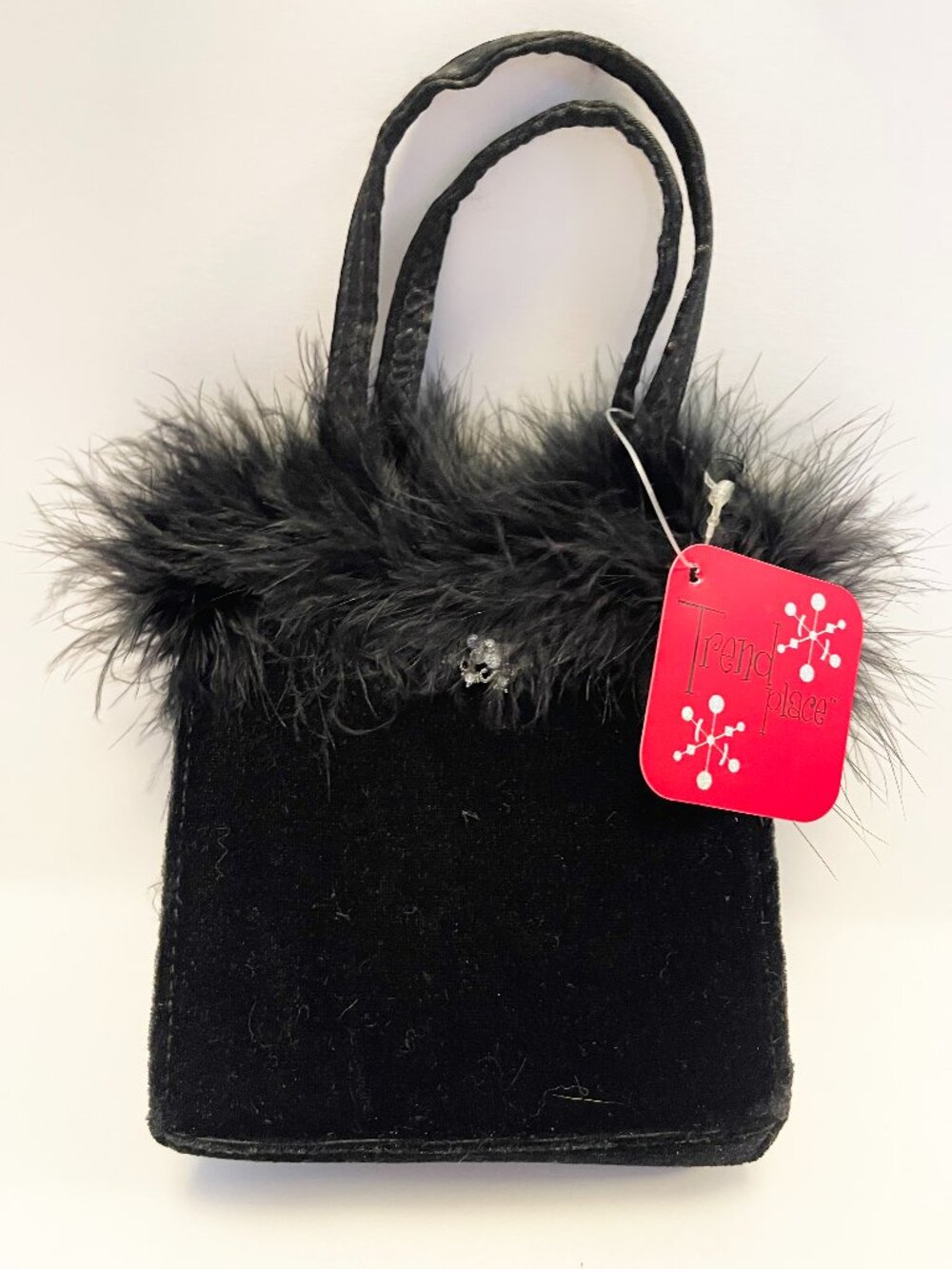 Trend Place Girls Black Velvet Feather Mini Purse Rhinestone Y2K Party Bag